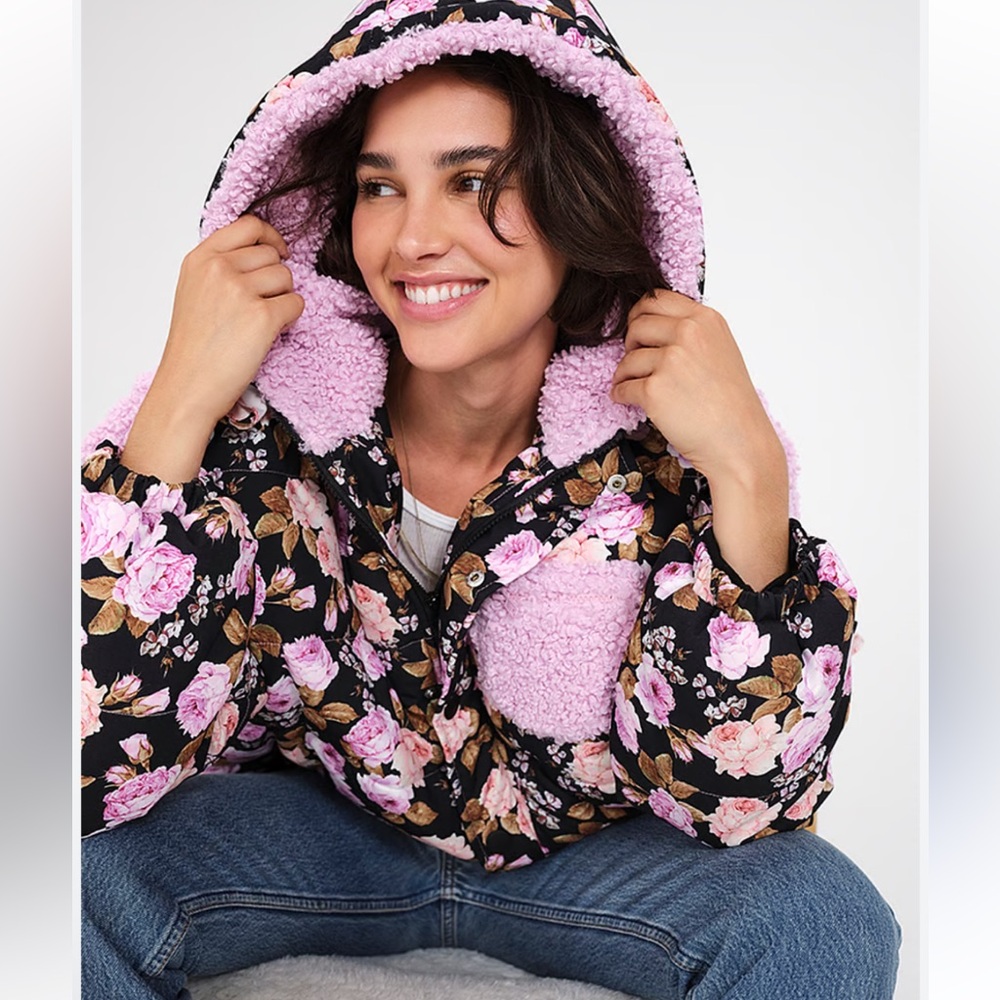 NEW For Love & Lemons floral puffer Sherpa jacket